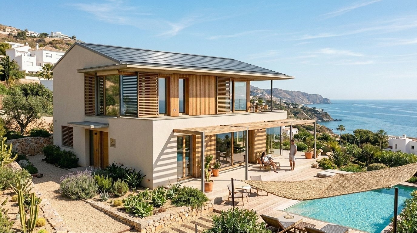 Render conceptual de vivienda bioclimática Passivhaus en la Costa del Sol
